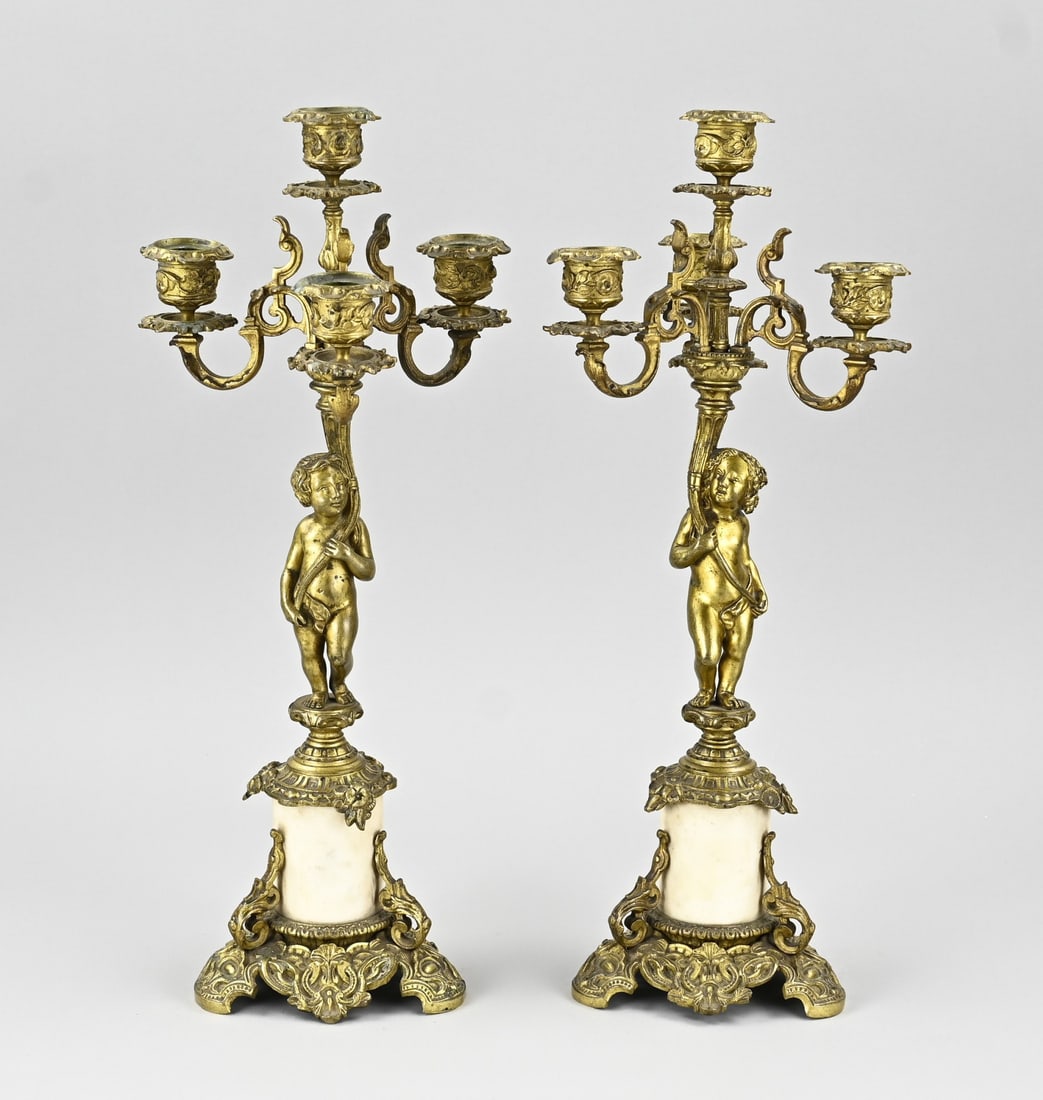 2x Candlestick with putti, H 45 cm.: Two antique French bronze candlesticks with putti and marble. Circa 1850. Dimensions: H 45 cm. In good condition.