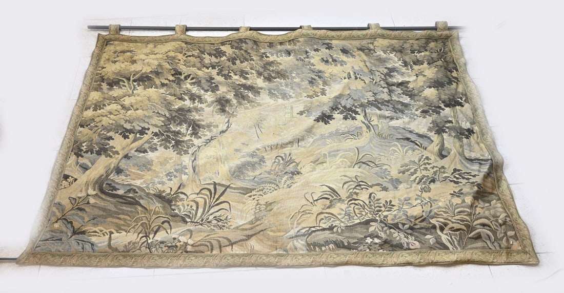 Antique tapestry, 140 x 96 cm.: Antique tapestry. 19th century or older? Castle in a landscape setting. Dimensions: 140 x 96 cm. In good condition.