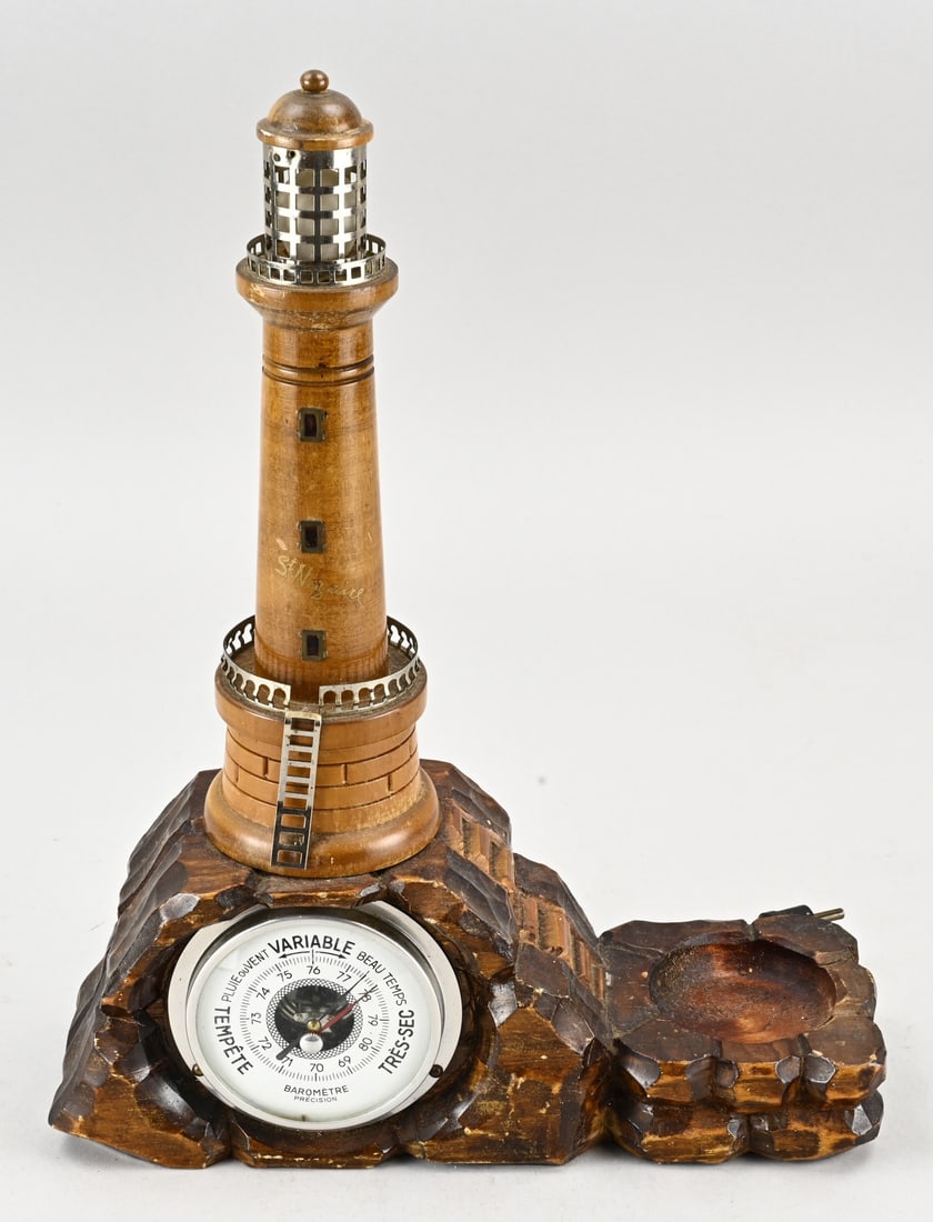 Barometer (lighthouse), H 35 cm.: Antique, carved wood barometer with illuminated lighthouse. Circa 1920. Dimensions: H 35 cm. In good condition.