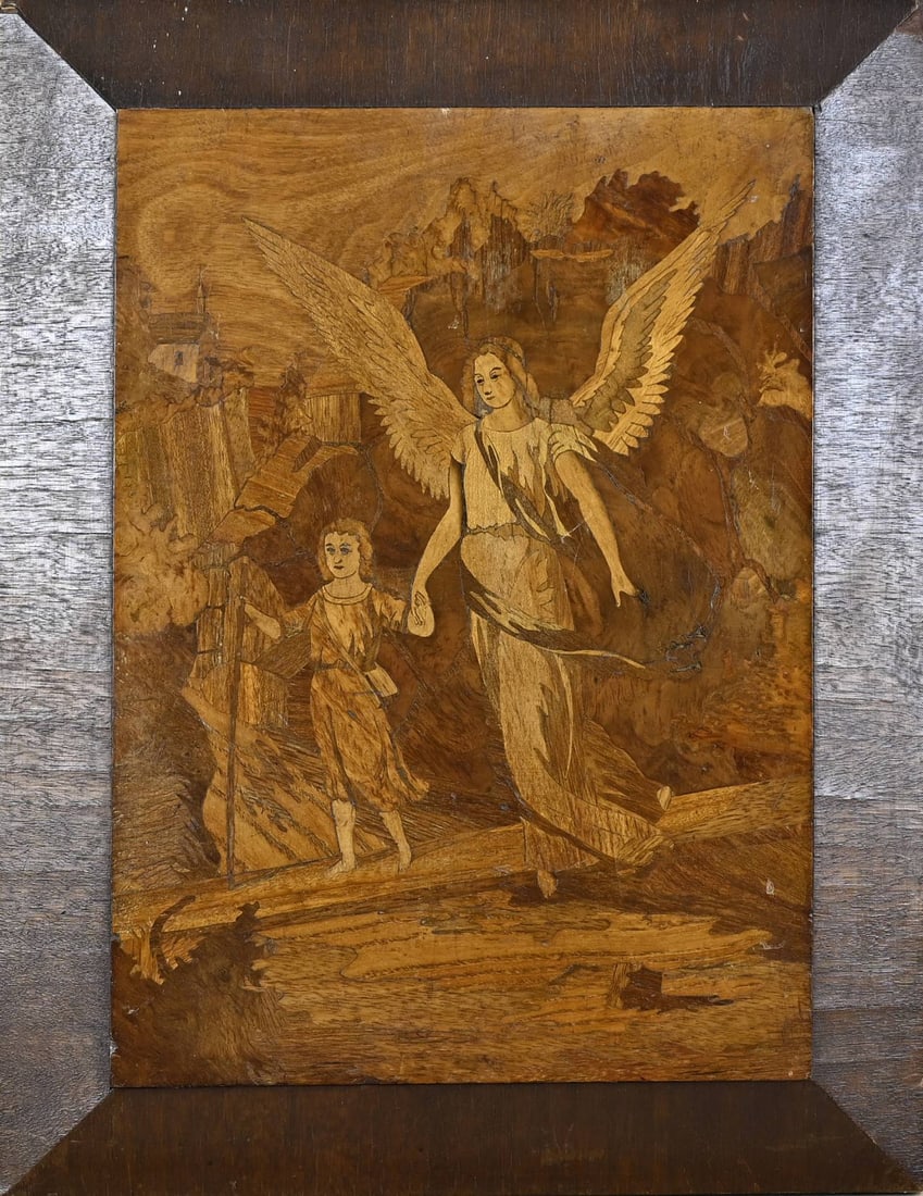 Religious panel (intarsia), 1920: Antique religious intarsia panel with angel. Made of various types of wood. Circa 1920. Dimensions: 45 x 35 cm. In good condition.