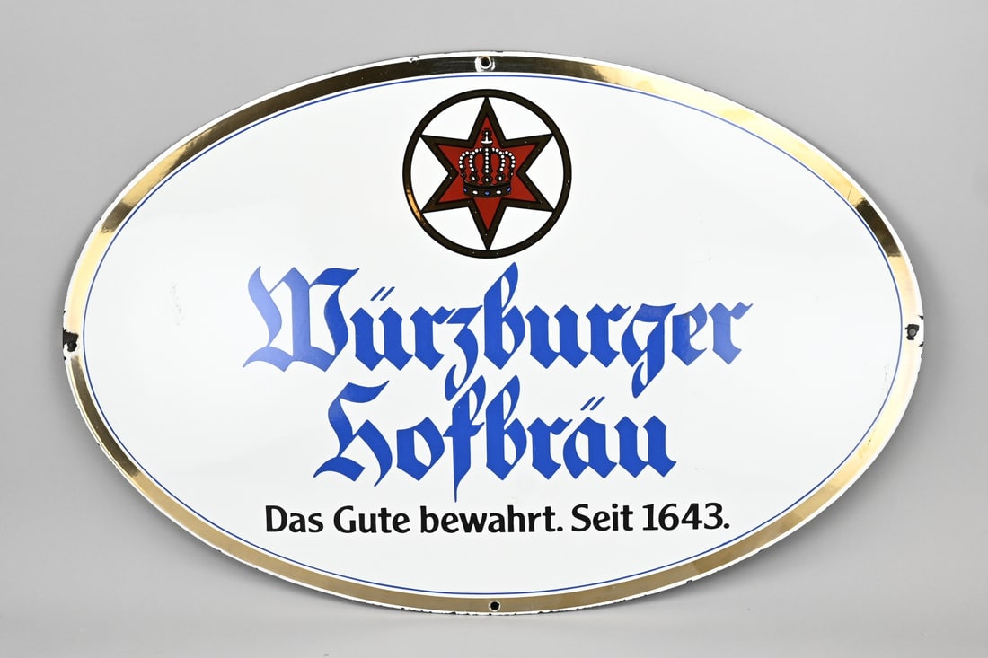 Enamel advertising sign: Old German enamel advertising sign 'Würzburger Hofbrau'. Circa 1970. Dimensions: 53 x 81 cm. In good condition.
