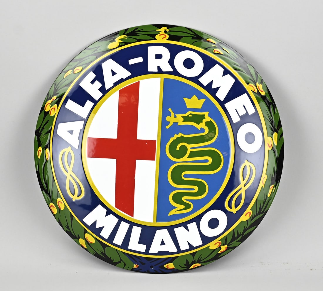 Enamel sign, Alfa Romeo: Round enamel Alfa Romeo advertising sign. Heavy duty version. 21st century. Dimensions: Ø 49 cm. In good condition.