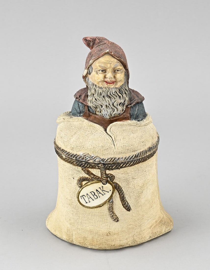 Tobacco jar (gnome), 1900: Antique terracotta tobacco jar with gnome. Designed by Johann Maresch. Circa 1900. 1821 - 1914. Dimensions: H 22 cm. In good condition.