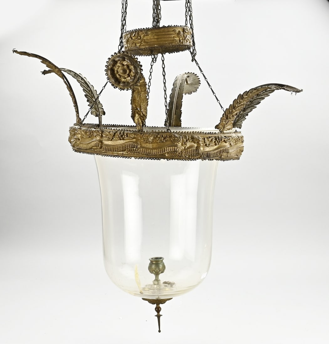 Antique French pendant lamp Ø 70 cm.: Antique French single-light pendant lamp with brass, for a candle. 19th century. Dimensions: 115 x Ø 70 cm. In good condition.