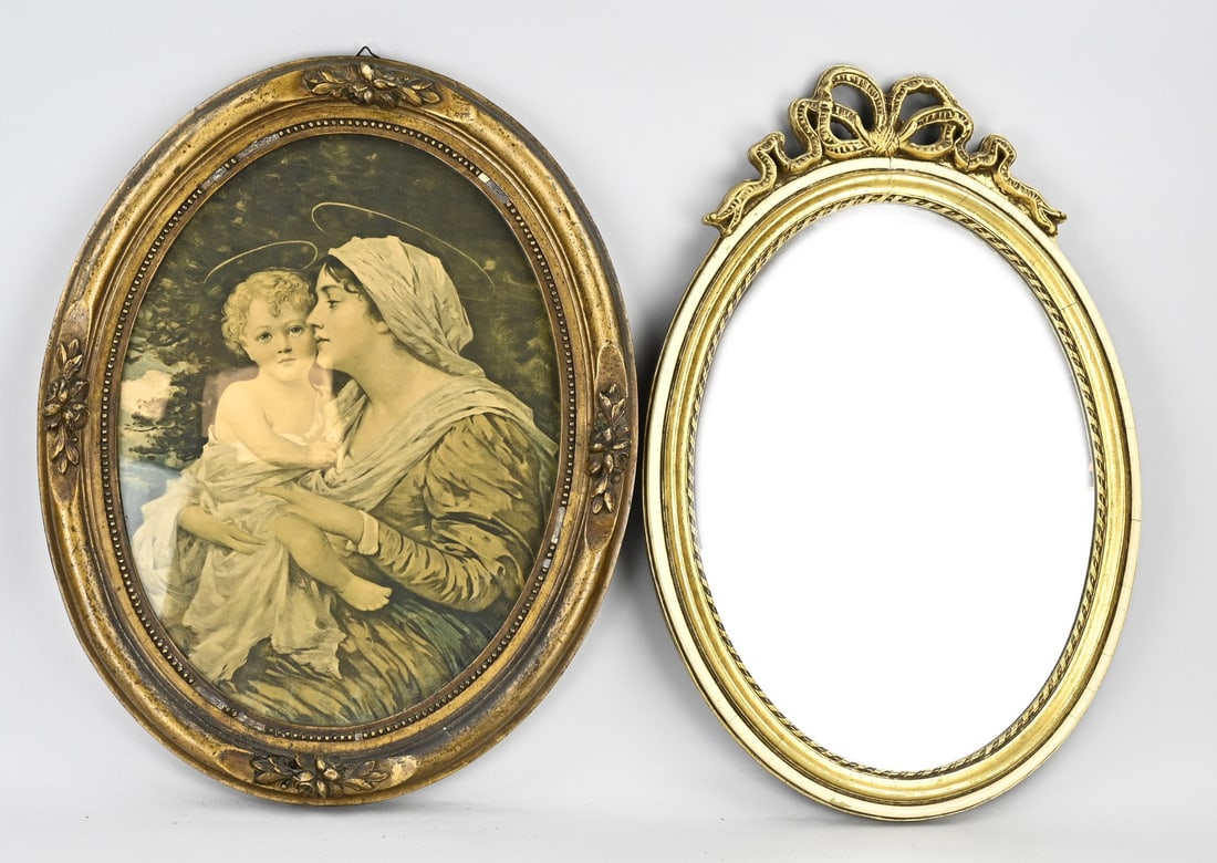 Oval mirror + frame (2x): Oval Louis Seize-style mirror + antique frame with print. 20th century. Dimensions: 50 x 35 cm. In good condition.