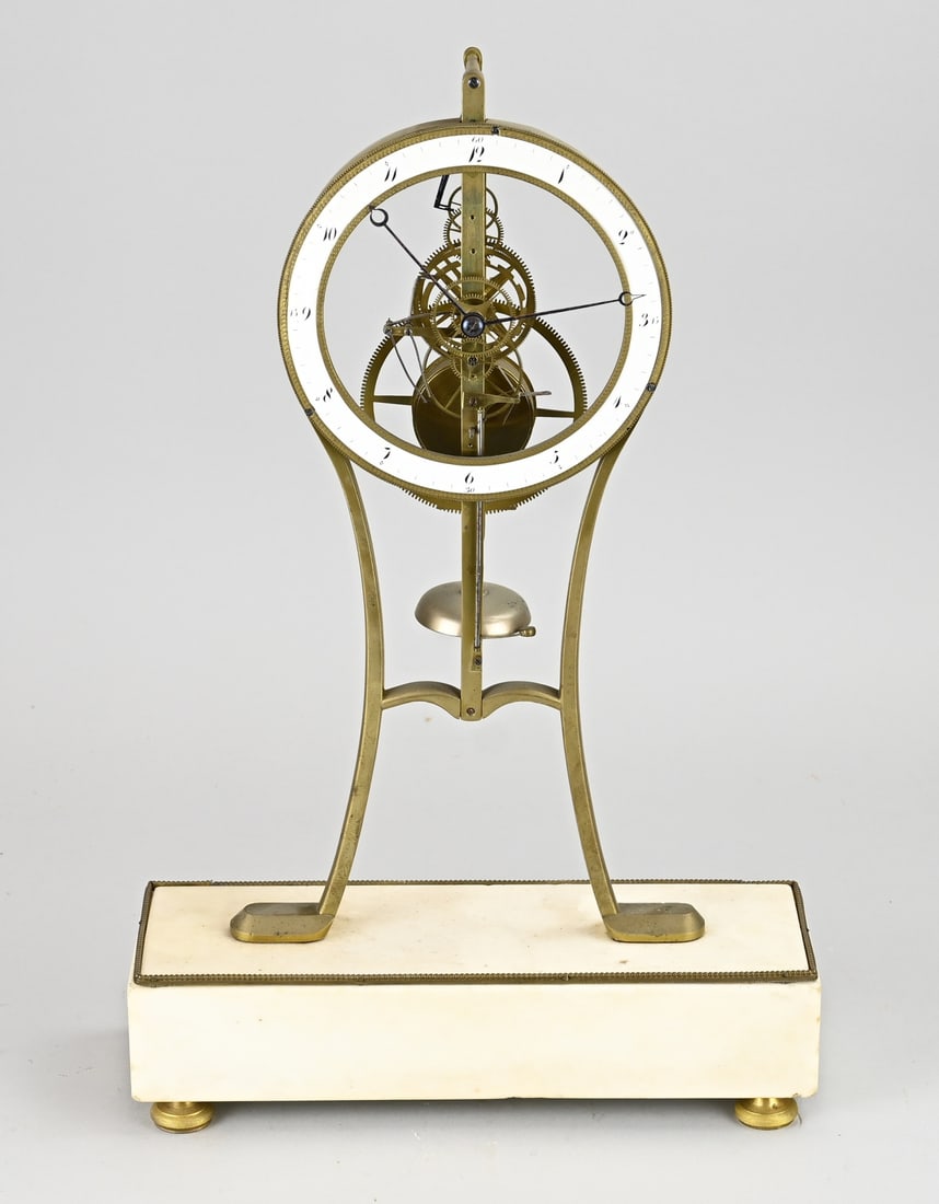 Skeleton pendulum: 19th-century French skeleton pendulum clock with knife suspension and bell striking mechanism. Circa 1800. Not tested. Pendulum is missing. Dimensions: H 44 cm. In good condition.