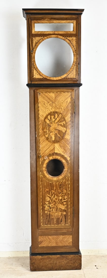 French clock case, 1800: Original French Louis Seize clock case, 19th century, veneered with various types of wood + floral intarsia et cetera (on both the front and sides). Dimensions: 230 cm. In good condition.