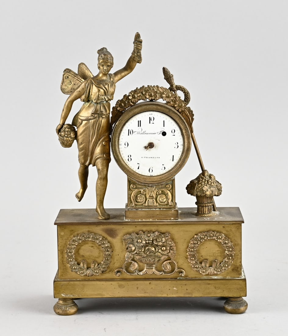 Miniature pendulum: Small, French, bronze fire-gilded miniature Empire pendulum clock with original verge escapement movement. Not tested. Hands broken off, otherwise in good condition. Dimensions: 22.5 x 15.5 x 7 cm.