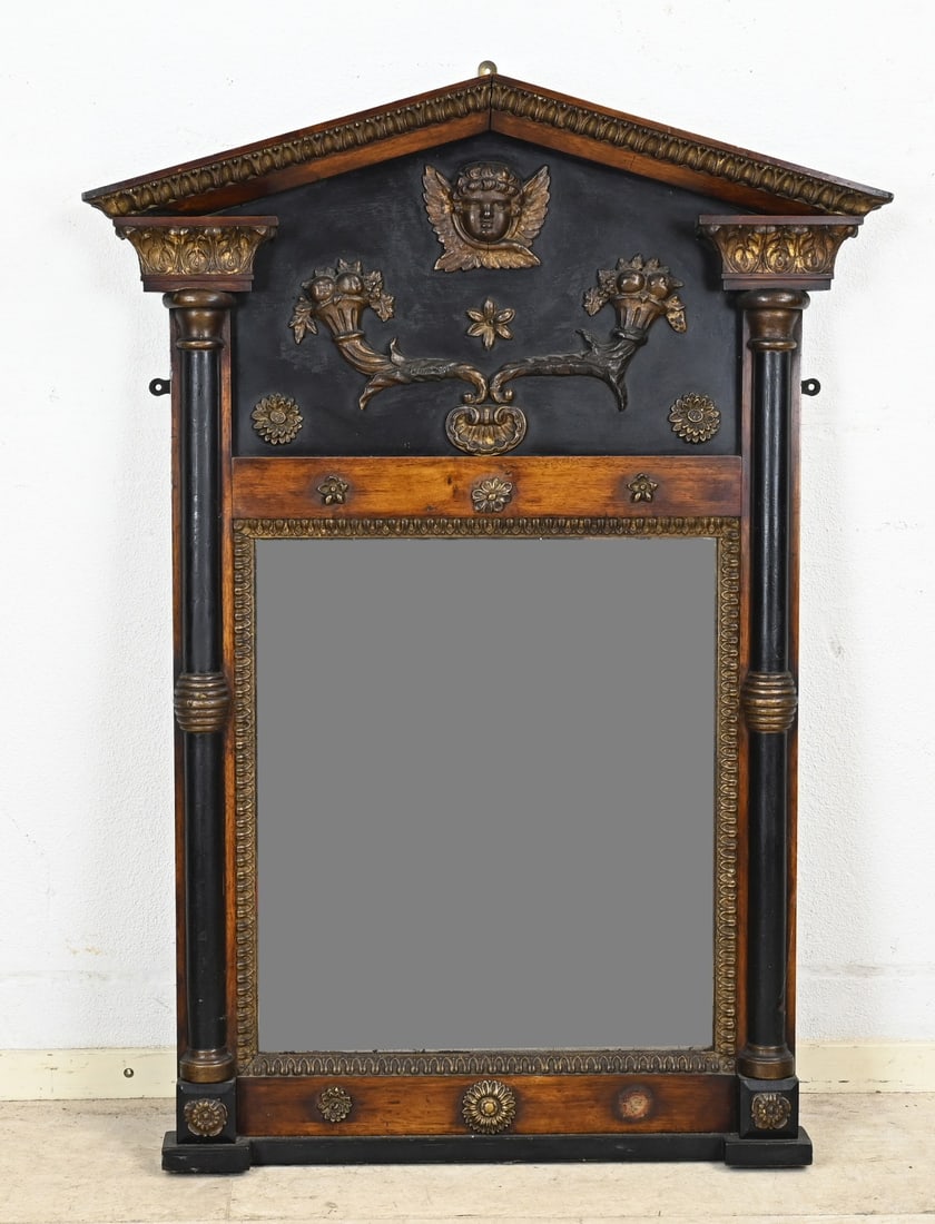 Empire mirror, 112 x 80 cm.: 19th-century Empire mirror. Ebonized + mahogany + stucco. Dimensions: 112 x 80 cm. In good condition.