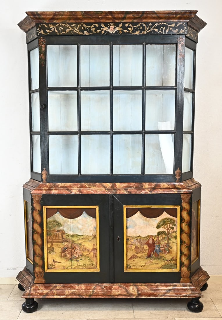 Painted display cabinet: 18th-century Dutch painted display cabinet with polychromy (4 biblical scenes). Older restoration. Dimensions: 205 x 145 x 50 cm. In good condition.