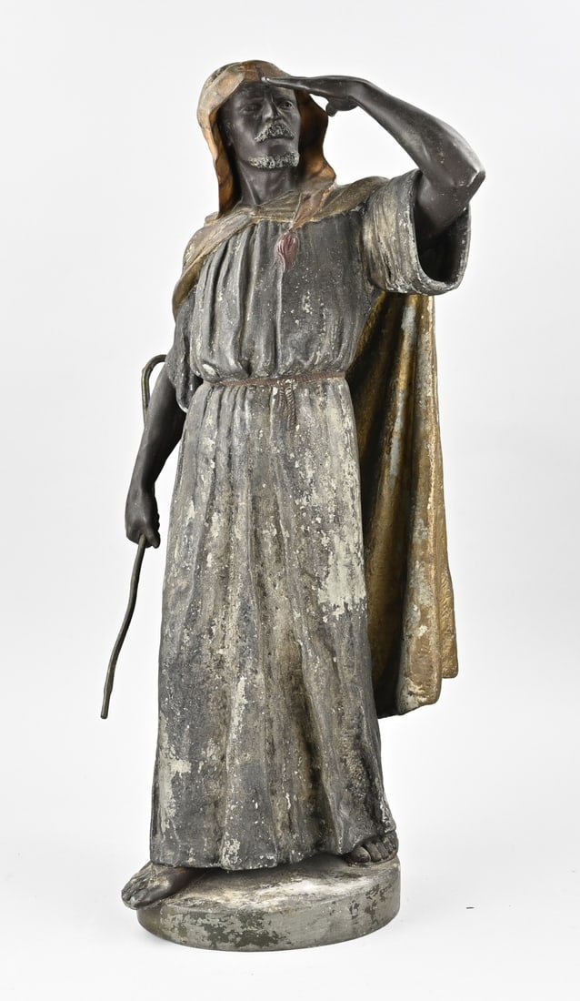 Statue, Arab man: 19th-century heavy composition metal figure of an Arabic figure. By L. Burland. Polychromy peeling. Dimensions: H 65.5 cm. In good condition.