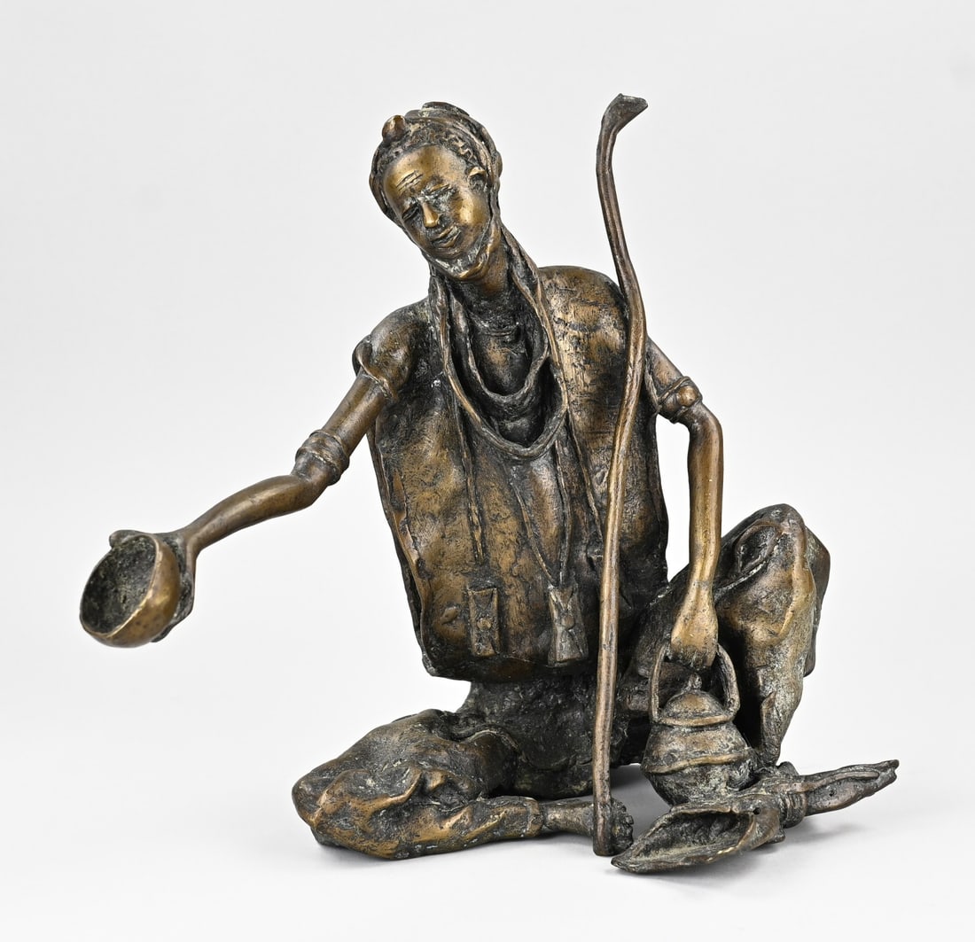 Bronze statue (Afrikaans): North African bronze sculpture. Figure with staff and bowl. 20th century. Dimensions: H 30 cm. In good condition.