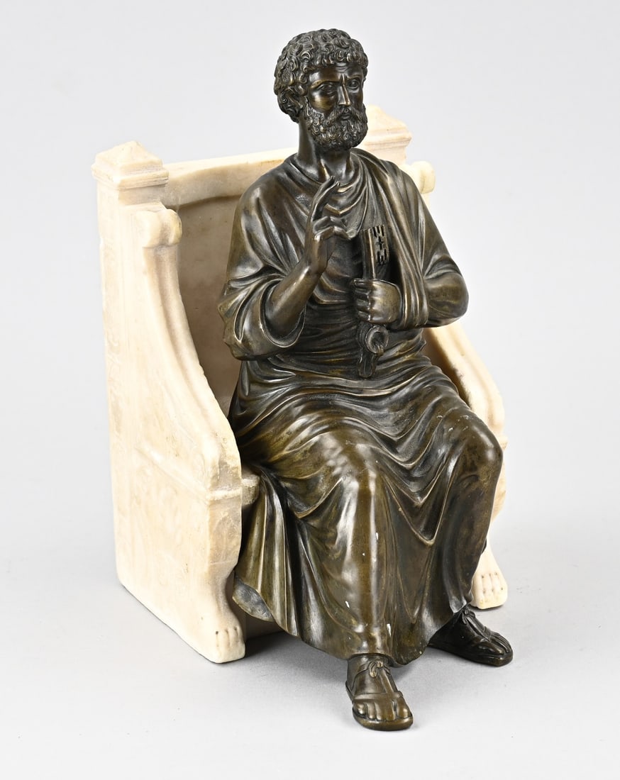 Bronze statue, Apostle on throne: Bronze statue of an apostle on a marble throne. 18th - 19th century. With Renaissance detailing. Dimensions: 32 x 18 x 14.3 cm. In good condition.