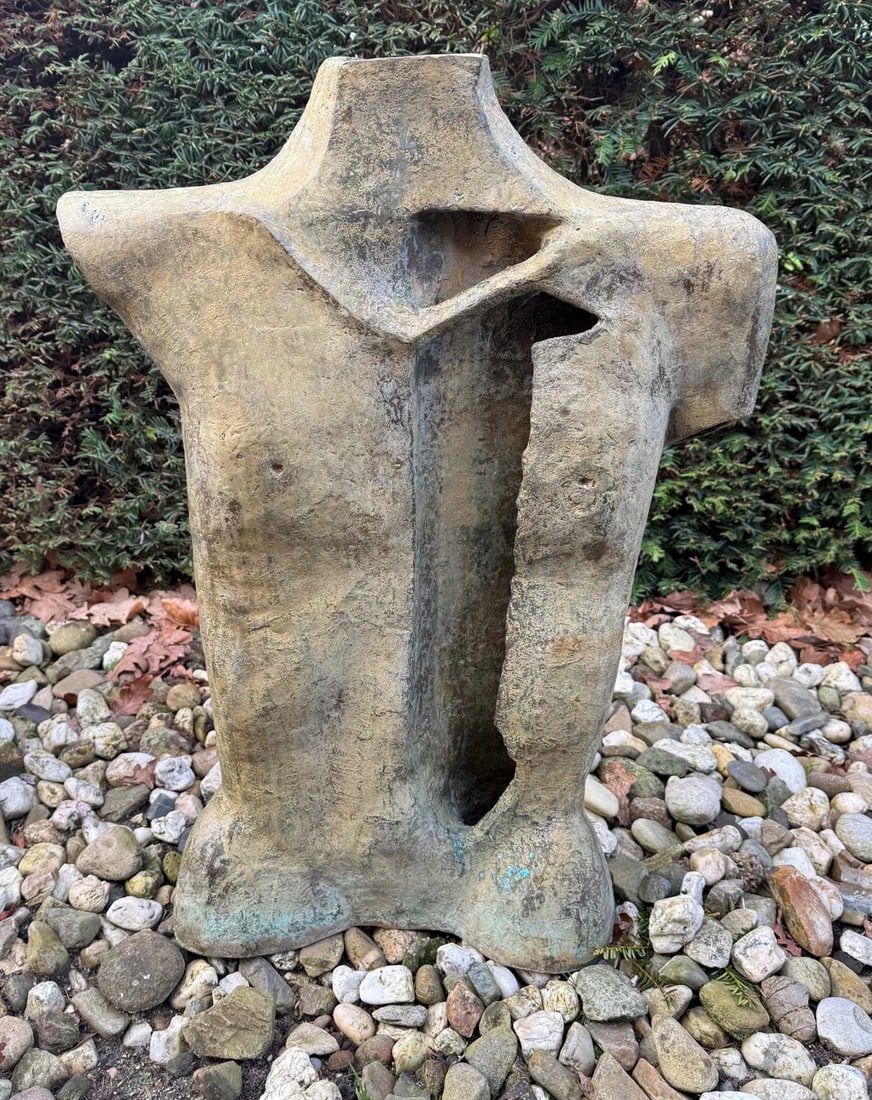 C. Straatsma, bronze sculpture Accessible.: Bronze male torso. Made by Claudia Straatsma - de Vries. 1950 - . Title: Accessible. This man has the courage to show his soul. You are allowed to look inside and see his emotions, and that is