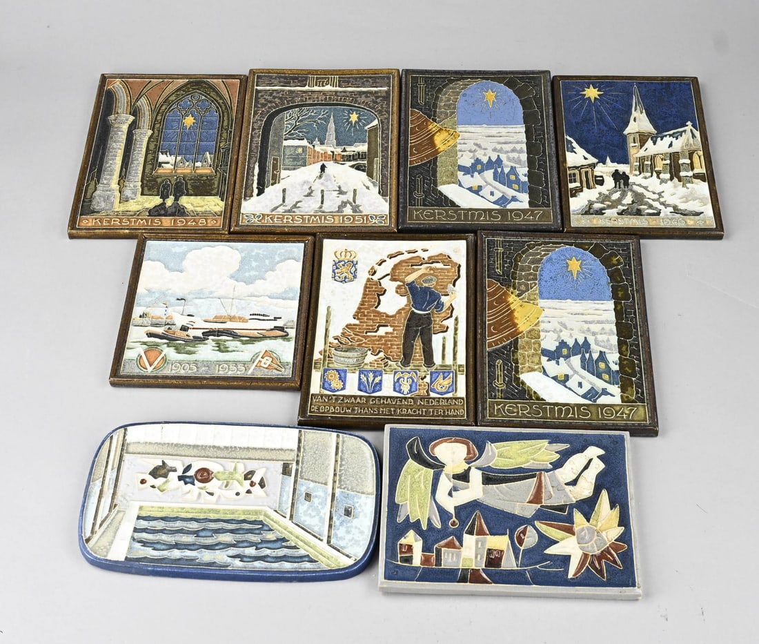 9x Delft Porceleyne Fles cloisonné decorative tiles: 9x Antique Delft Porceleyne Fles cloisonné decorative tiles. Circa 1900 - 1950. Dimensions: 18 - 22.2 cm. In good condition.