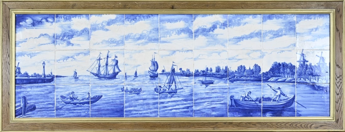 Large Delft tile panel, 50 x 132 cm.: Large, antique, 27-pat Delft faience tile panel with a river view, featuring ships, buildings, and figures. Dimensions: 50 x 132 cm. In good condition.