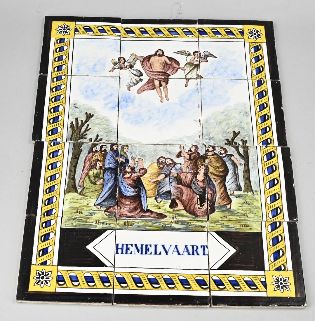 12-Pass tile panel, Ascension: 12-Pas, 19th-century Dutch polychrome faience tile panel. Ascension. Dimensions: H 52 x W 39 cm. In good condition.