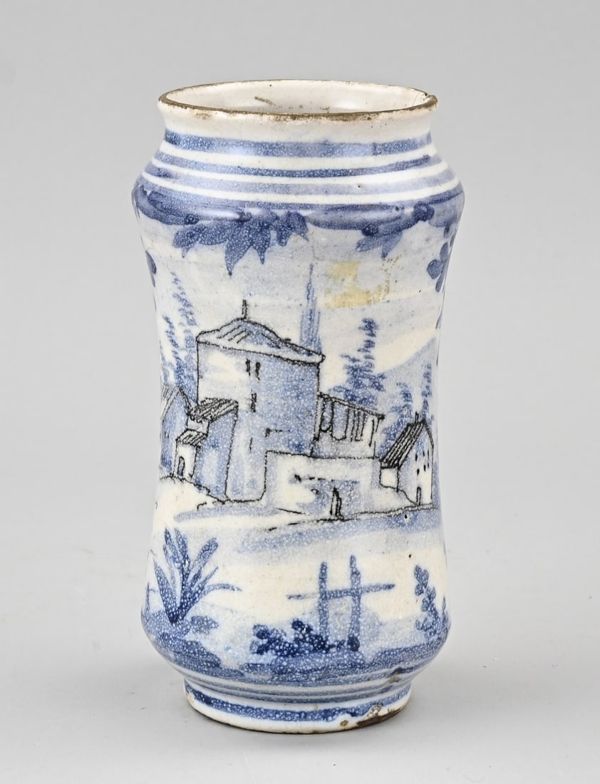 Italian Albarello: 17th - 18th Century Italian faience albarello apothecary jar with estate decoration. Dimensions: H 19.5 cm. In good condition.