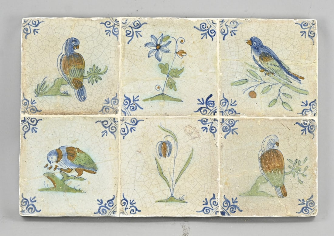 6x 17th-century (bird) tile: 17th-century Dutch polychrome 6-panel tile with a decoration of tropical birds. Restored. Dimensions: 26 x 39 cm. In reasonable condition.