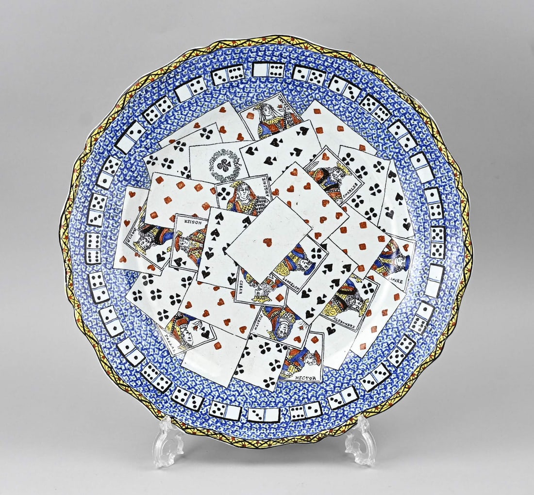 Polychrome dish (France) Ø 40.5 cm.: Antique French faience polychrome dish with deck of cards. Rouen. 18th - 19th century. With monogram. Dimensions: Ø 40.5 cm. In good condition.