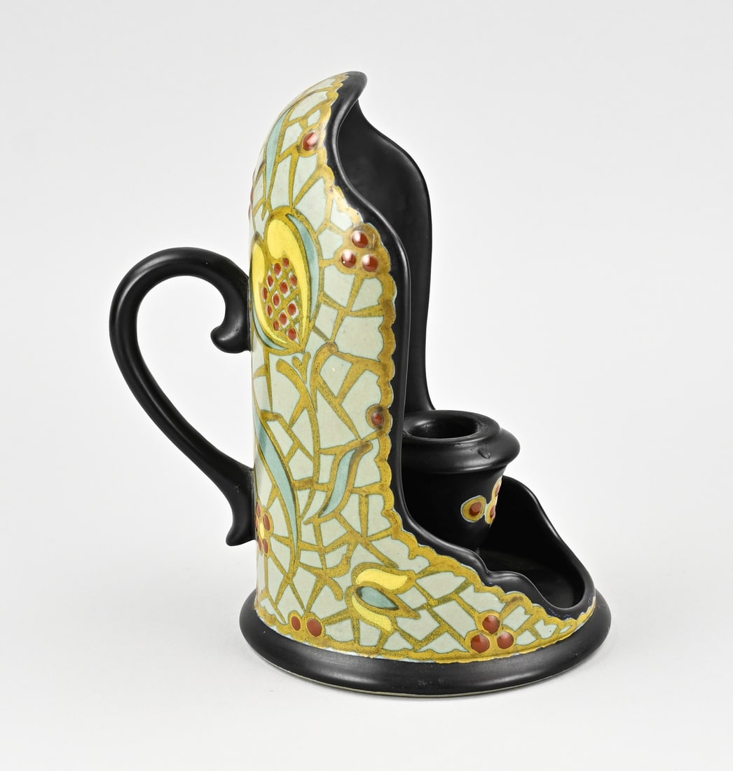 Earthenware Gouda candlestick, 1900: Rare Dutch Gouda earthenware candle holder with floral decoration. Art Nouveau. Circa 1900. Dimensions: 21.5 x Ø 14 cm. In good condition.