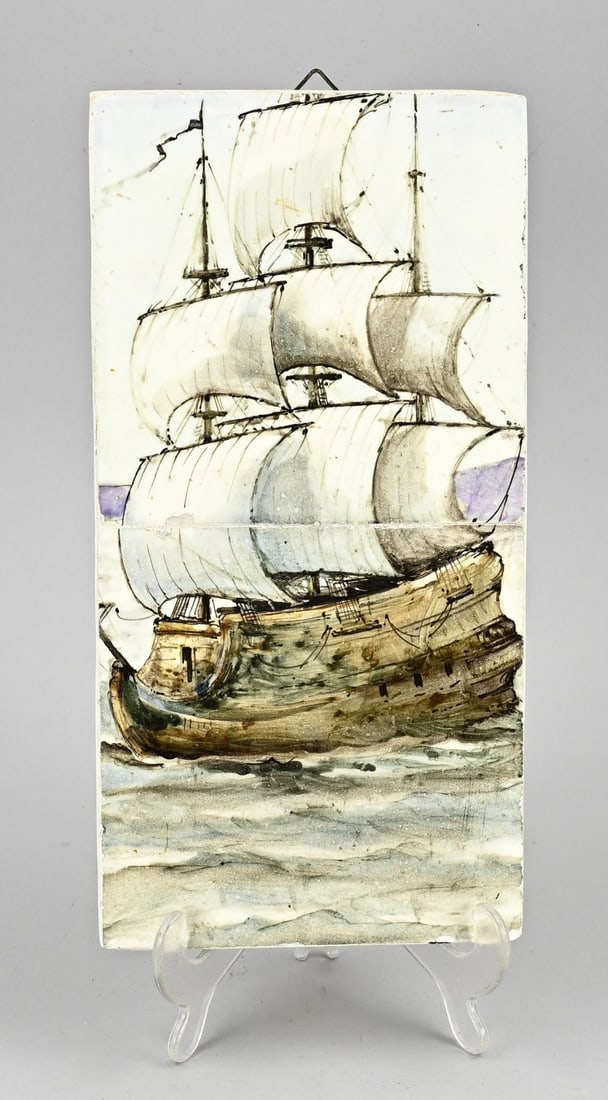 2-part tile panel, 31 x 15 cm.: Antique Dutch 2-panel tile tableau with galleon. Possibly De Distel. Circa 1900. Dimensions: H 30.5 x W 15.5 cm. In good condition.