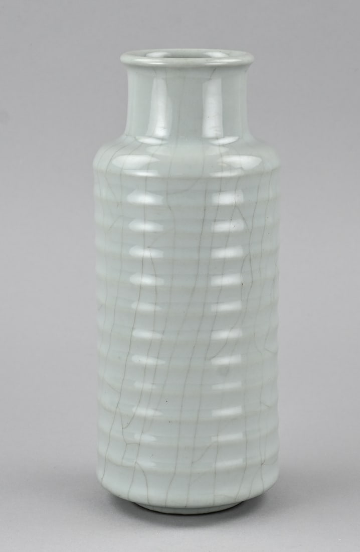 Celadon vase, H 25.7 cm.: Old, antique Chinese porcelain Young Chen marked celadon vase with ridges. Dimensions: H 25.7 cm. In good condition.