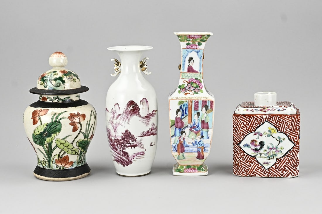 4x Chinese porcelain: 4x Antique Chinese porcelain. 1x Canton lidded vase with floral decoration. 1x Rose Family tea caddy (no lid), circa 1900. 1x 19th-century handled vase with landscape/text decoration, glued. 1x 19th-c