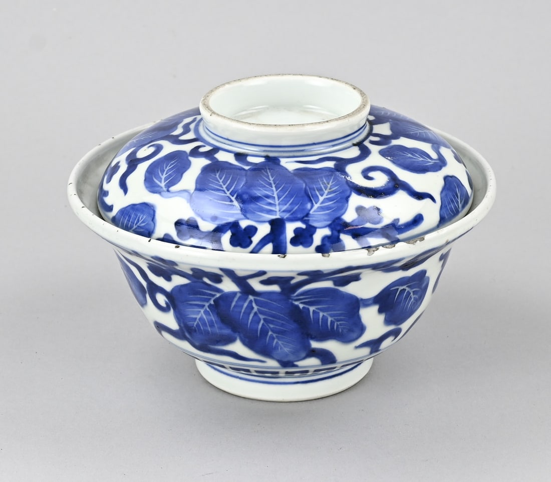 Chinese or Japanese lidded bowl Ø 18 cm.: 17th-century, thick-walled, Chinese or Japanese porcelain lidded bowl with vine decoration. Dimensions: H 14.5 x Ø 18 cm. Damage to the rim glaze. Otherwise in good condition.
