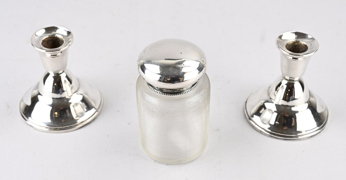 3 Pieces of silver (2x candlestick + tea caddy) (1 of 1)