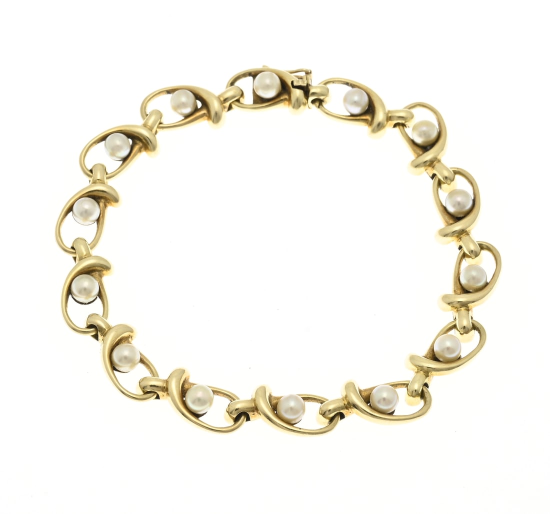 Gold bracelet with pearls: Beautiful yellow gold bracelet, 585/000, with pearls. Bracelet with oval openwork links, set with a cultured pearl, ø 4 mm. The bracelet features a box clasp and safety catch. Length 19 cm.