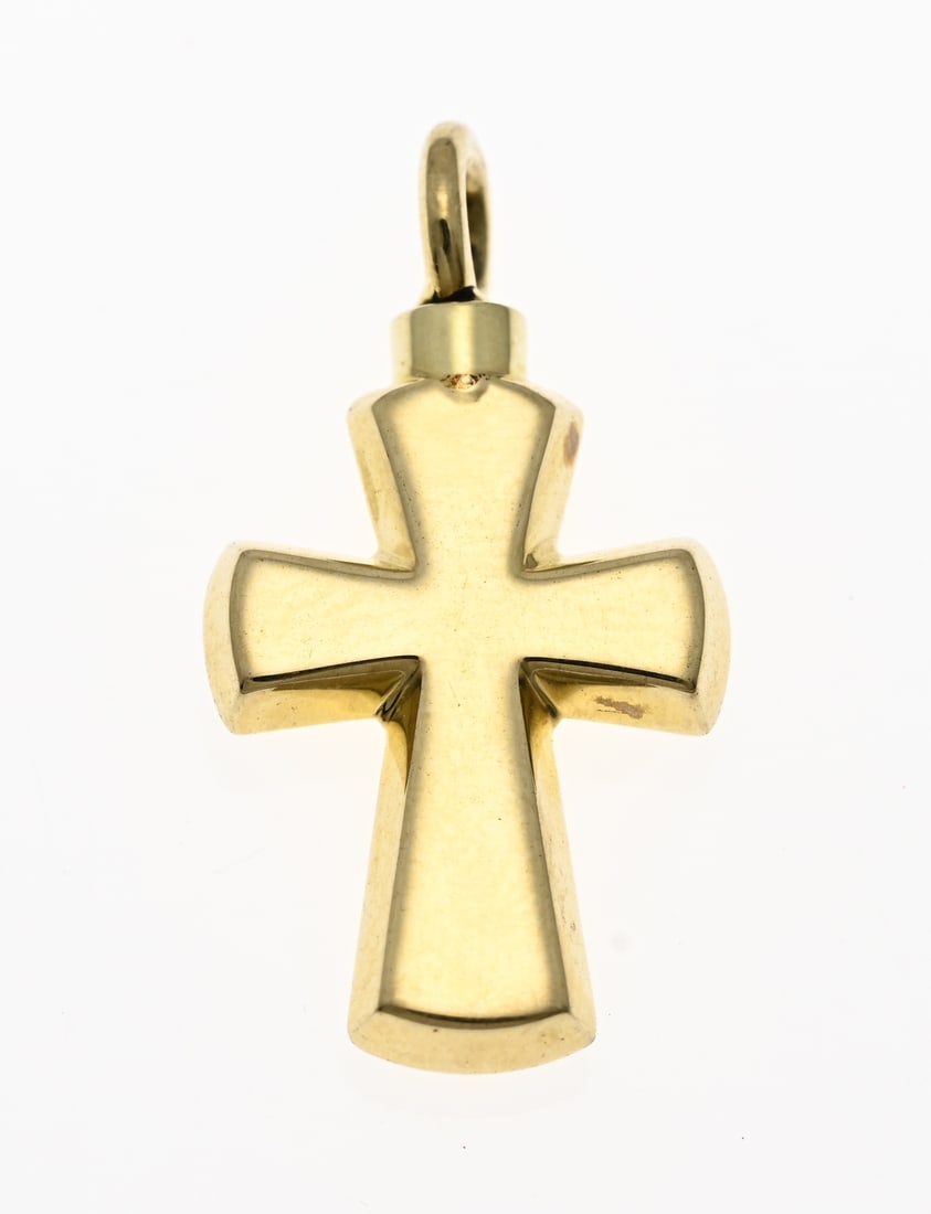 Gold ash pendant, cross: Yellow gold pendant, 585/000, in the shape of a cross. Can be used as an ash pendant. Approx. 2.4 grams. Size 28x15mm. New.