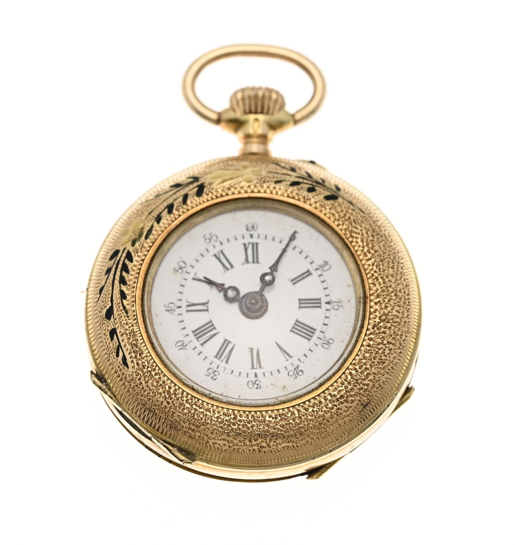 Gold pocket watch, ladies: Small yellow gold pocket watch, 585/000, with an ornate case decorated with floral motif and partially black inlay. With metal dust cover. Not working. Total weight approx. 17.5 grams. ø 28 mm. I