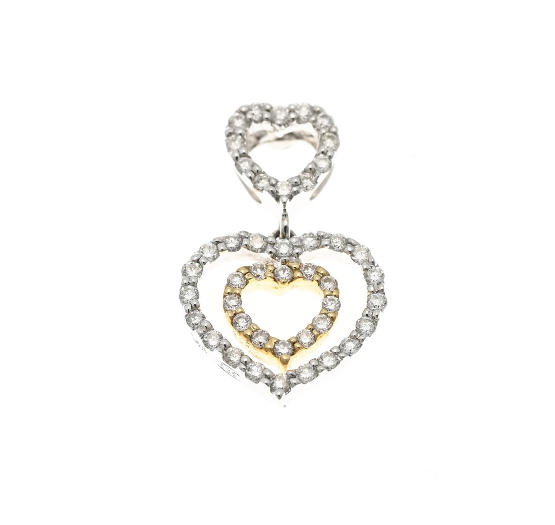 White gold heart pendant with diamond: White gold pendant, 585/000, with diamond. Pendant with 3 hearts set with small diamonds. The middle heart is yellow gold. Size 15x10mm. Approx. 0.9 grams. As new.