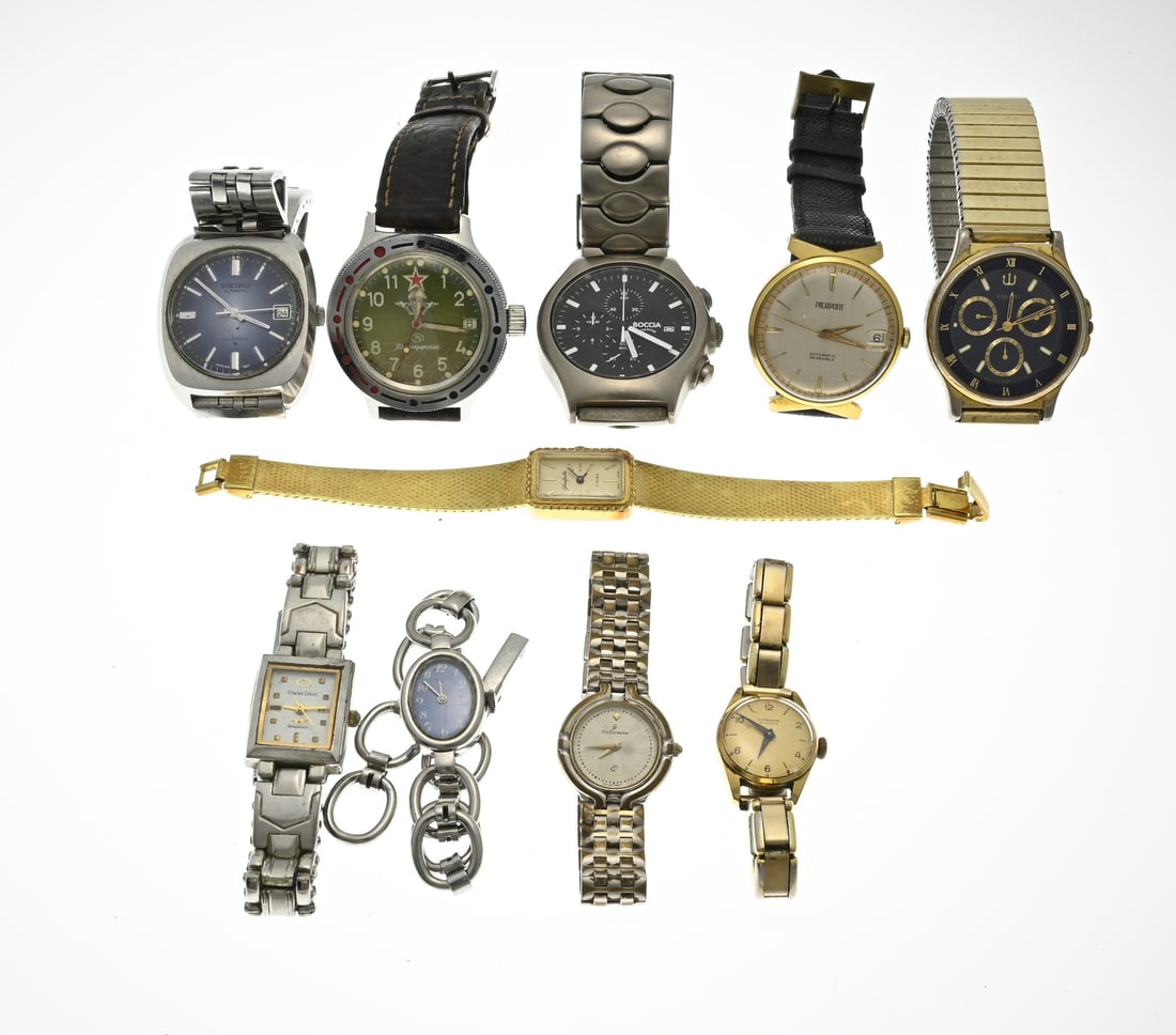 Lot of miscellaneous watches: Lot of 10 watches, including a vintage Seiko automatic, Boccia, vintage Junghans Lady, Pallas, Glashutte, and a Russian watch. Functions not tested.