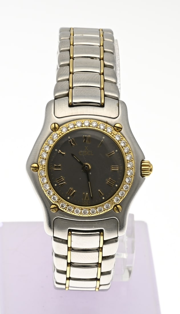Ebel Lady 1911, diamond: Ebel Lady 1911, steel with gold. The watch has a bezel set with brilliant-cut diamonds. Case diameter 25 mm. Case number: 72618091. 190910. Length 18 cm. Minor imperfections on the grey