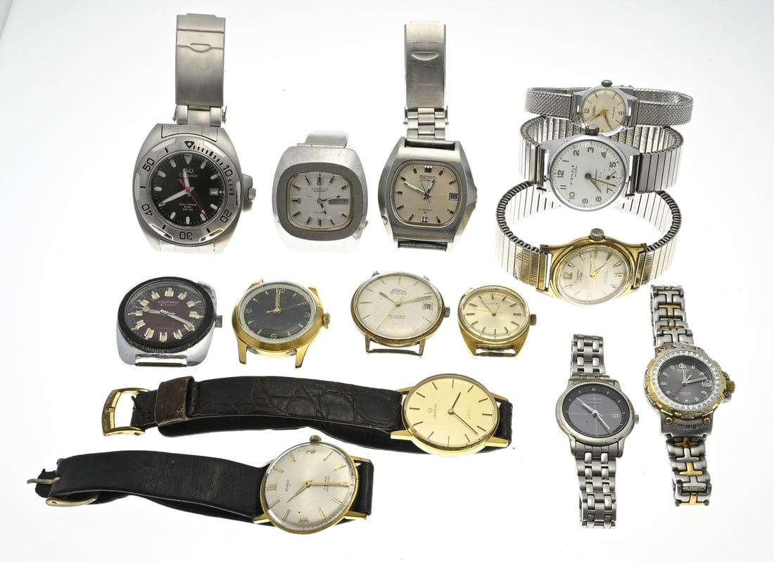 Lot of miscellaneous watches: Lot of 14 watches including various vintage Certina and Citizen watches, Geneve, Zentra, Pallas, Lubra, Sappho, Catamaran Tornado, Kienzle. Functions not tested.