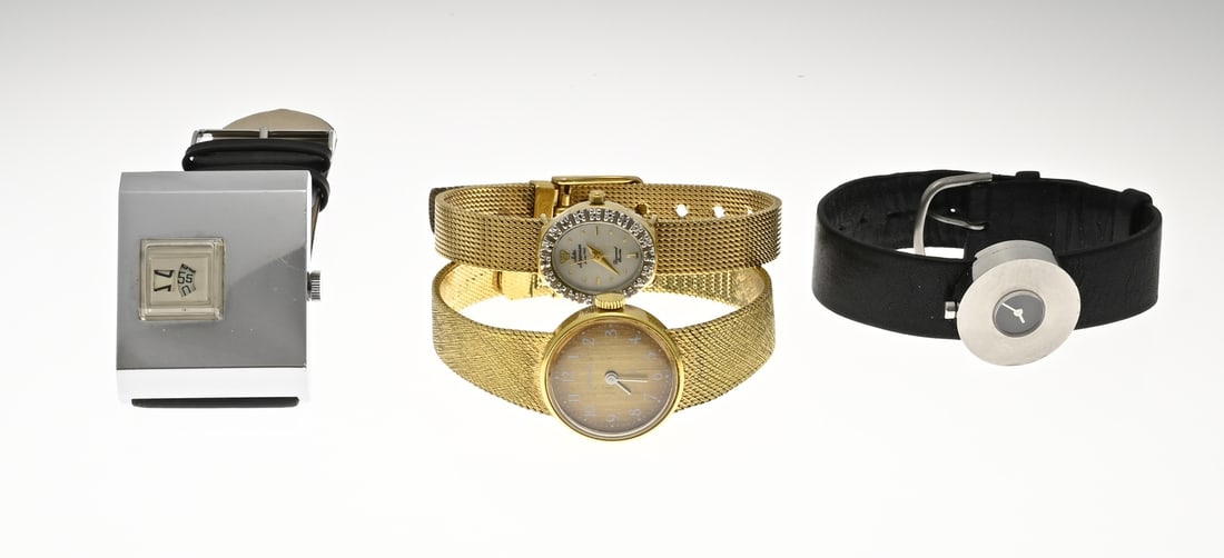 4 Watches: Lot of four ladies' watches: a double Glashutte watch with a braided strap, mechanical; an oval double watch with 6 small diamonds in the bezel, quartz; a small round steel Milus watch, quartz; and a