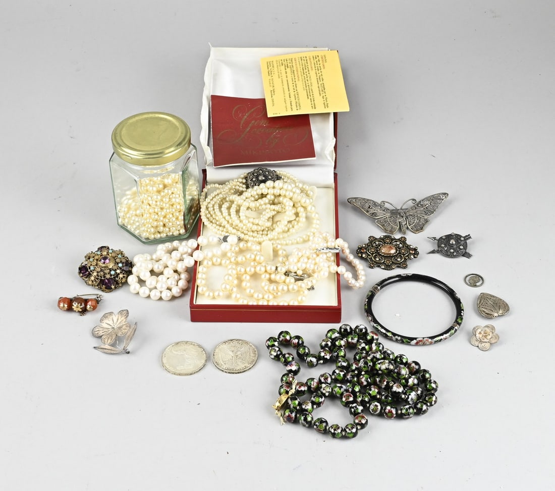 Lot of various jewelry: Large lot of various jewelry with various pearl necklaces, including freshwater and Majorica, a necklace and bracelet with cloussoine, silver jewelry with filigree, 2 silver coins, and base metal