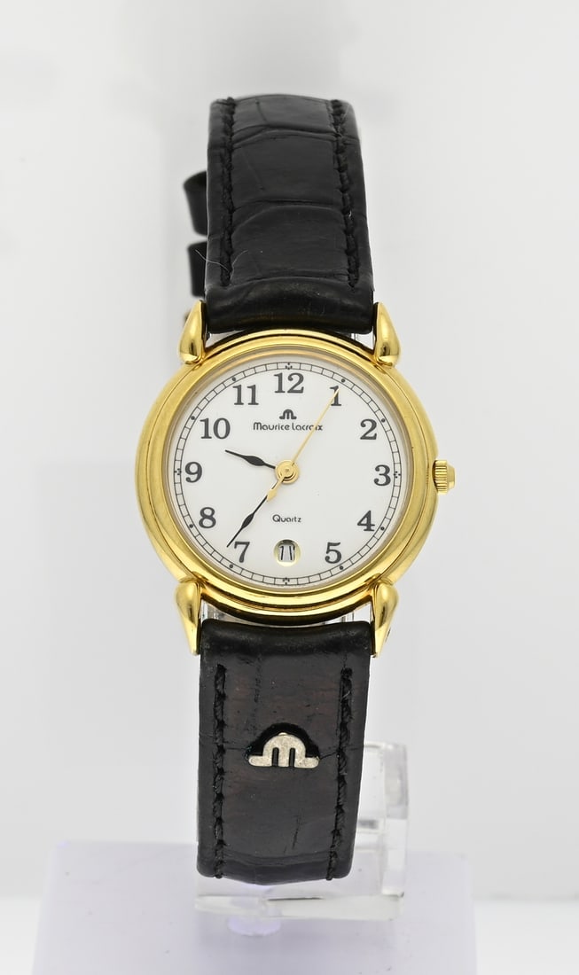 Mauice Lacroix watch: Maurice Lacroix watch, Lady, Les Classiques, featuring a gold-plated case with Arabic numerals and a date display. Case diameter 25 mm. Mounted on an original black leather strap. Case number: 96353
