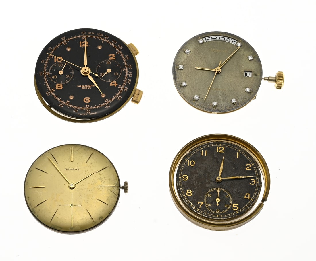 4 Clocks: Lot with 4 separate mechanical movements, including Geneve. 1 with diamonds. ø27-34.5 mm. In good condition.