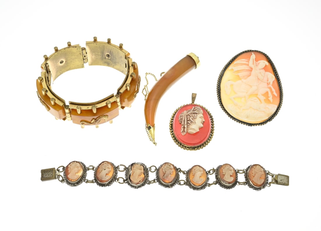 Lot of jewelry including cameos: Lot of various jewelry including a brooch and bracelet with a cameo, a bracelet with seahorses, and two pendants. Functions not tested.