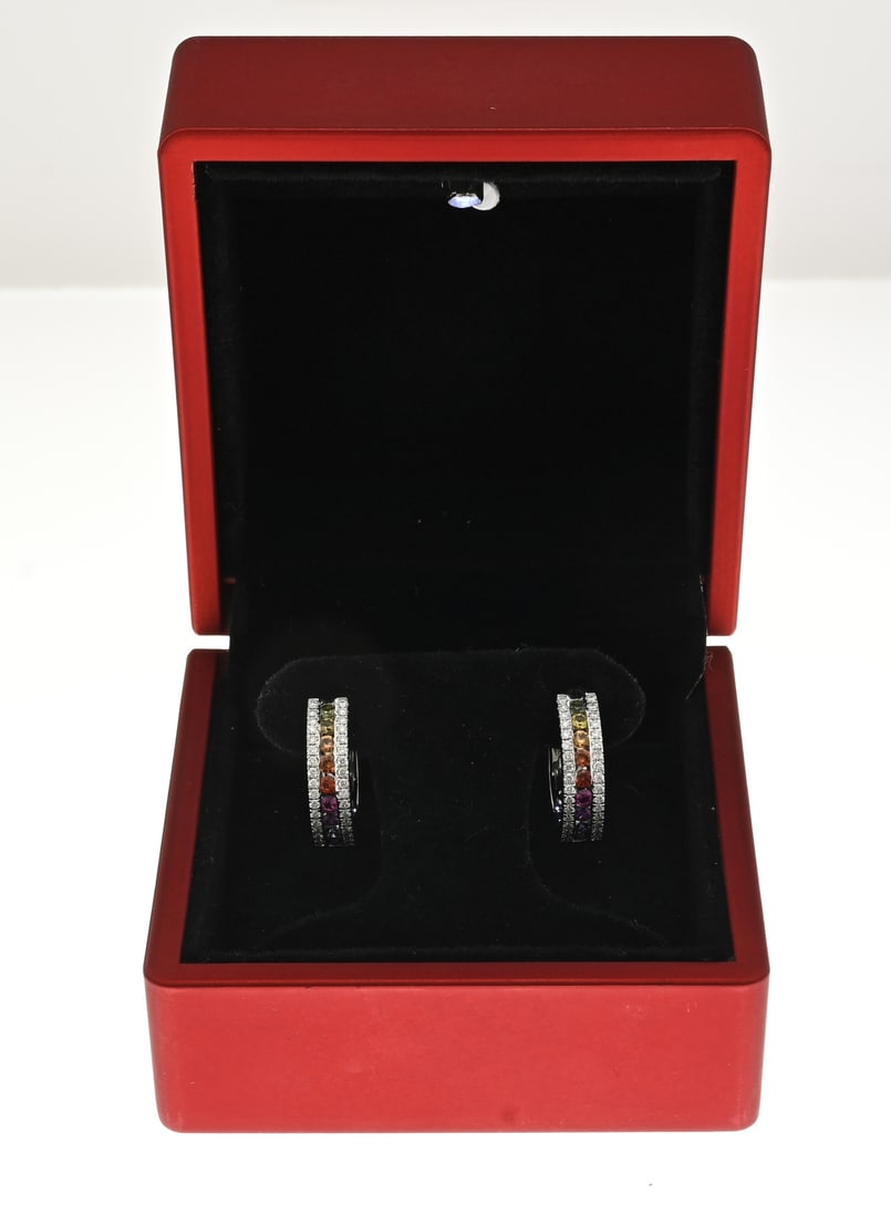White gold hoop earrings with rainbow sapphires: White gold hoop earrings, 750/000, with rainbow sapphires. Hinged hoops featuring a central rail with 9 round faceted sapphires, graduating in color. The sides of the hoop are decorated with pave-set