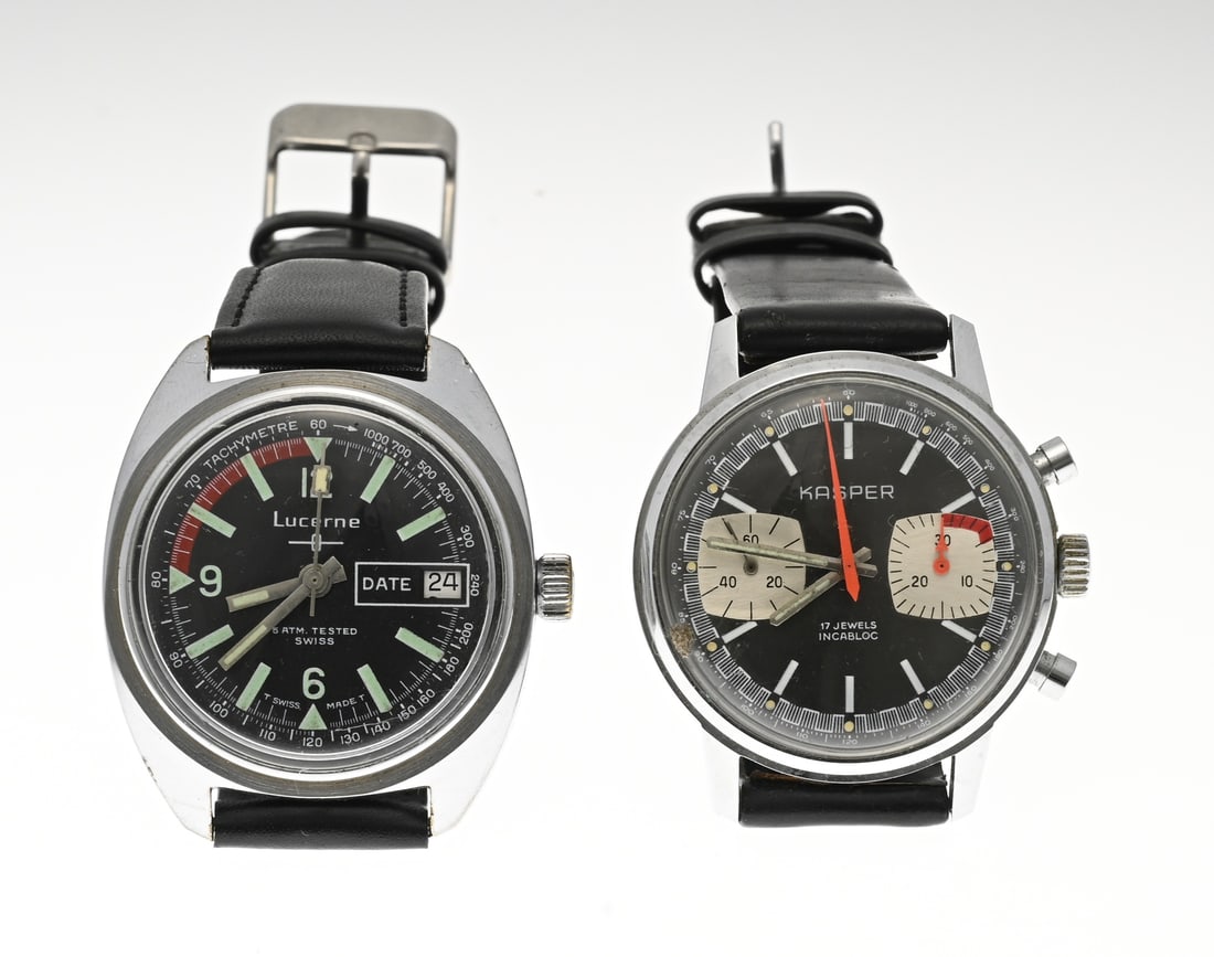 2 Watches, black: Two vintage watches, steel, mechanical. A chronograph, KASPER, with a black dial featuring red detail. Case diameter 36 mm. And a Lucerne watch with date display and a tachymeter. Diameter 37 mm.