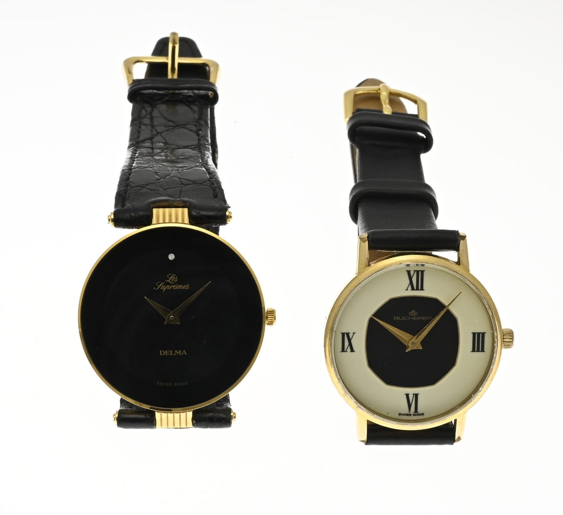 2 ladies' watches, Delma and Bucherer: Two gold-plated ladies' watches with leather straps. A Delma, Les Supremes, watch with a black dial and a small diamond on the 12. Case diameter 30 mm. Case number: 667972. And a Bucherer watch,
