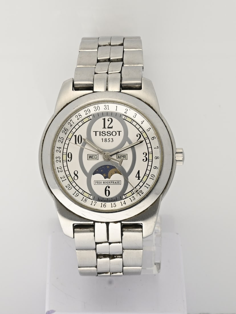 Tissot watch: Tissot Moonphase PR50 watch, steel model with steel bracelet. Case diameter 36 mm. 19-20 cm. Working. Some signs of wear, otherwise in good condition.