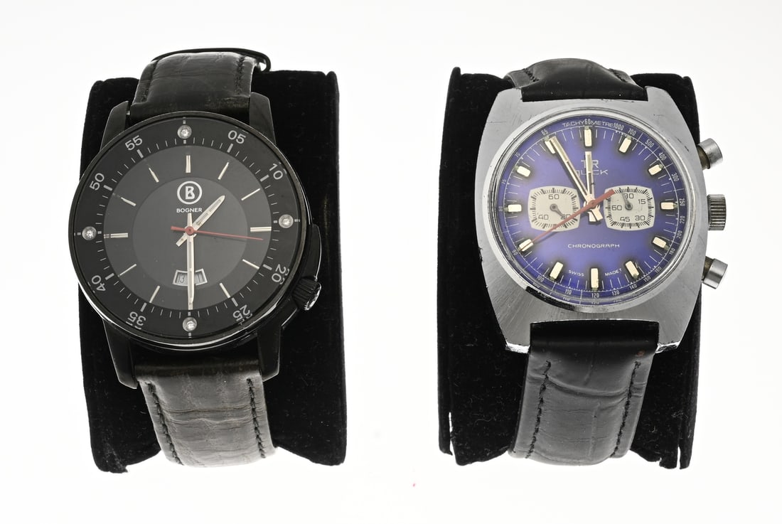2 Watches: Two watches, a vintage chronograph, TR Quick with a steel case and blue dial, ø 37 mm. Mechanical. And a Bogner watch, quartz, with a black case and black dial. 2.7030. ø 39 mm. Both with
