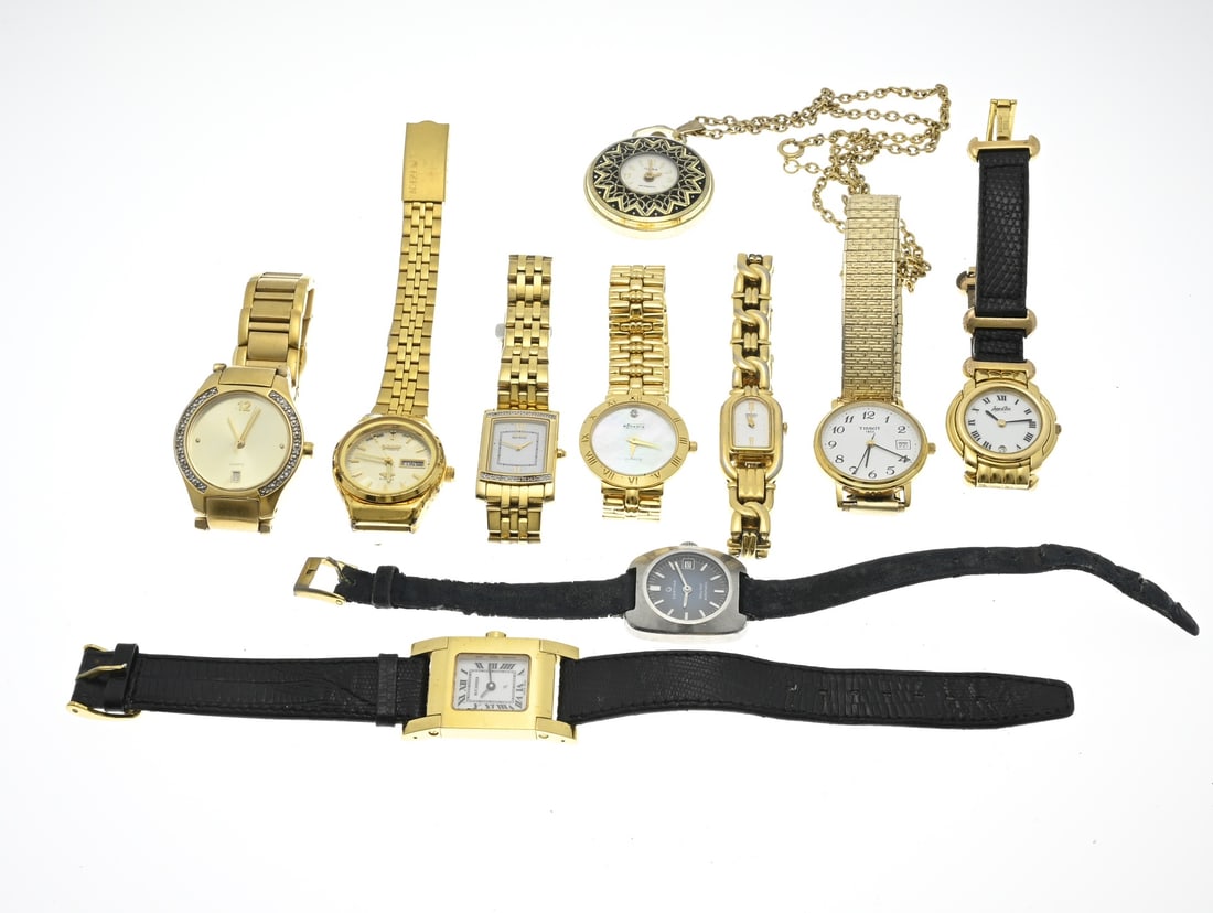 Lot of miscellaneous watches: Lot of 10 ladies' watches including Citizen, Tissot, Bucherer, Rodania, Seiko, Certina, and a pocket watch. Functions not tested.