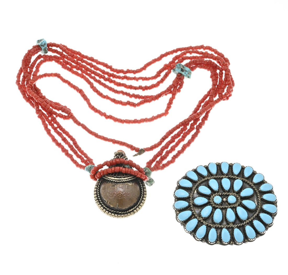 Coral brooch and necklace: Brooch and necklace. And a silver oval brooch/pendant with turquoise stones, 52x45mm. And a necklace with small coral stones with turquoise and a white metal bottle with coral and turquoise. Missing
