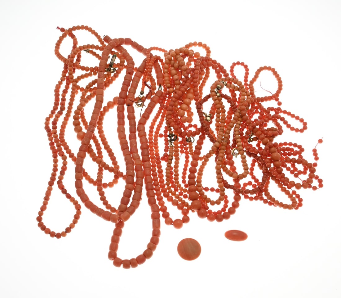 Lot of blood coral: Lot of red corals with various strands and loose beads. ø3-7mm. Flat stone ø 15 mm. Approx. 166 grams. In good condition.